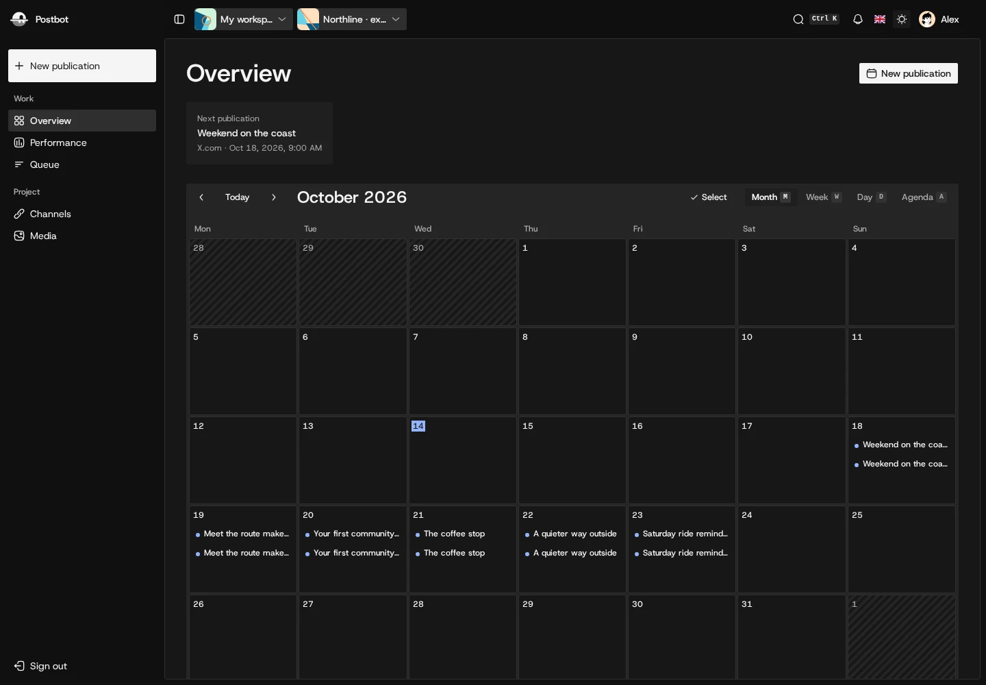 Postdot publication calendar showing the publishing schedule in dark mode, using an example project