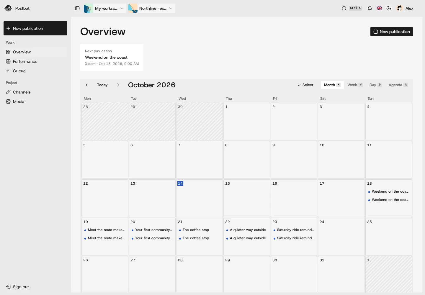 Postdot publication calendar showing the publishing schedule, using an example project