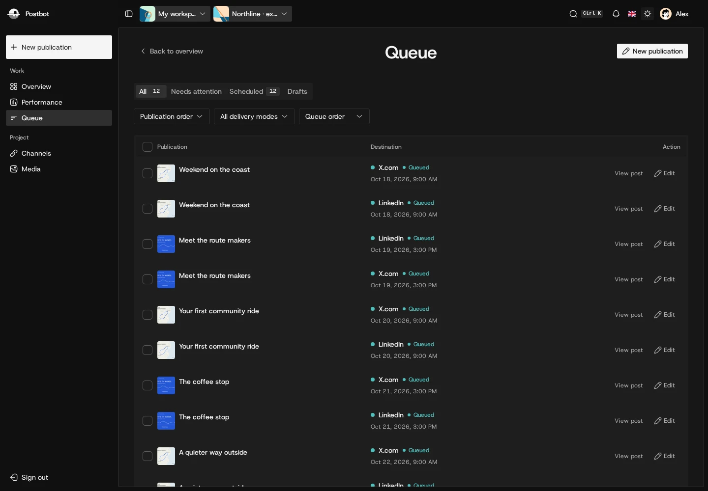 Postdot publication queue with destination states and scheduled times in dark mode, using an example project