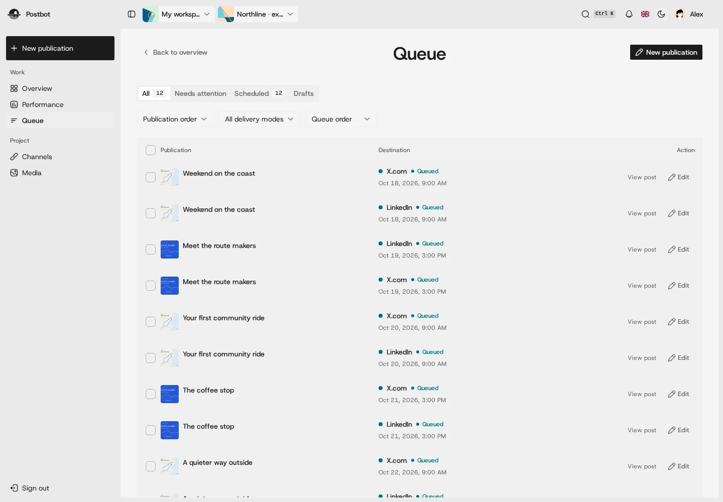 Postdot publication queue with destination states and scheduled times, using an example project